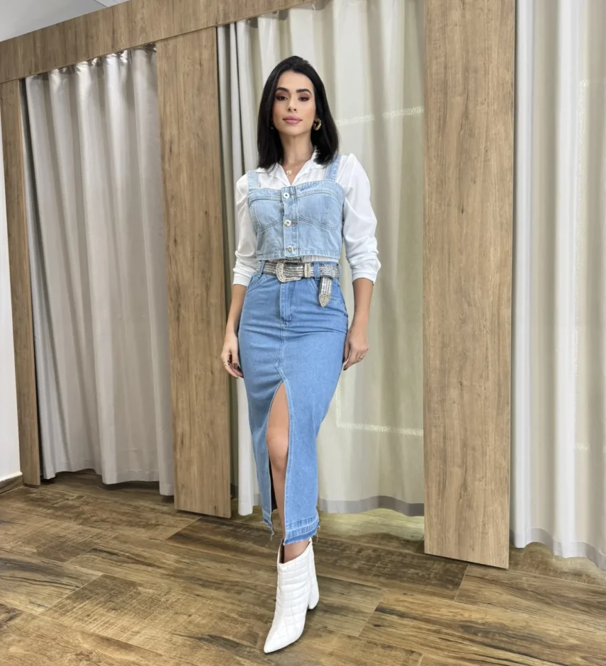 Saia Midi Feminina Jeans Melissa com Fenda Frontal - Fernanda Ramos Store