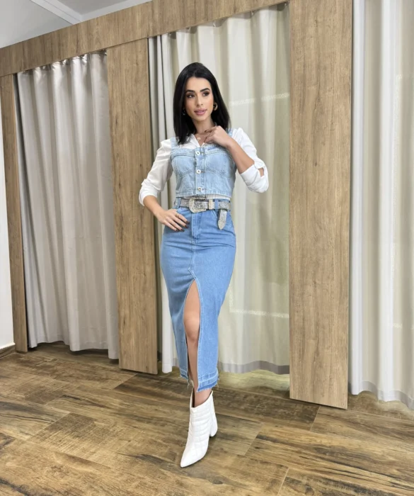 Saia Midi Feminina Jeans Melissa com Fenda Frontal - Fernanda Ramos Store