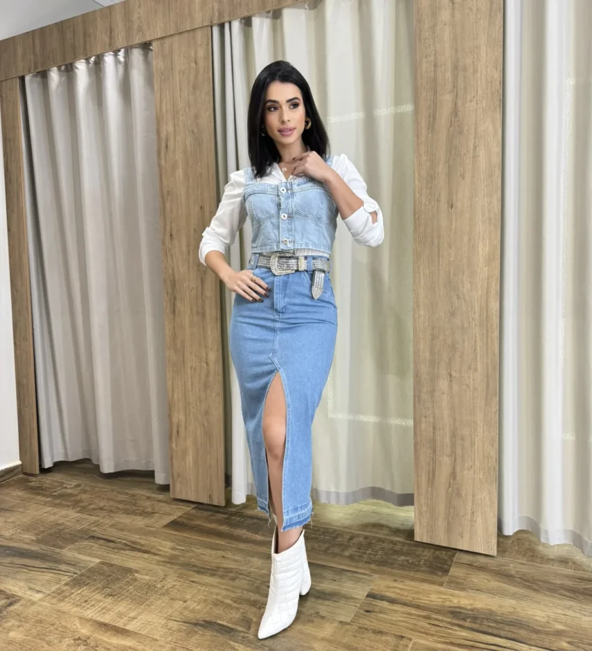 Saia Midi Feminina Jeans Melissa com Fenda Frontal - Fernanda Ramos Store