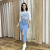 Saia Midi Feminina Jeans Melissa com Fenda Frontal - Fernanda Ramos Store