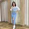 Saia Midi Feminina Jeans Melissa com Fenda Frontal - Fernanda Ramos Store