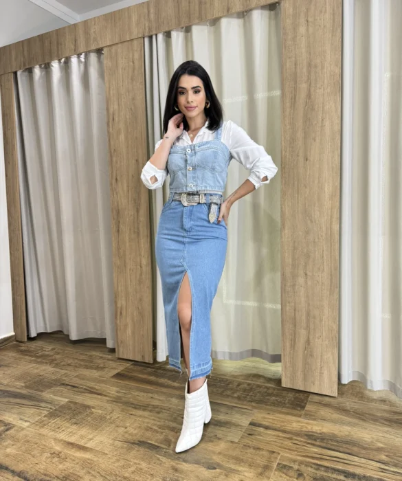 Saia Midi Feminina Jeans Melissa com Fenda Frontal - Fernanda Ramos Store