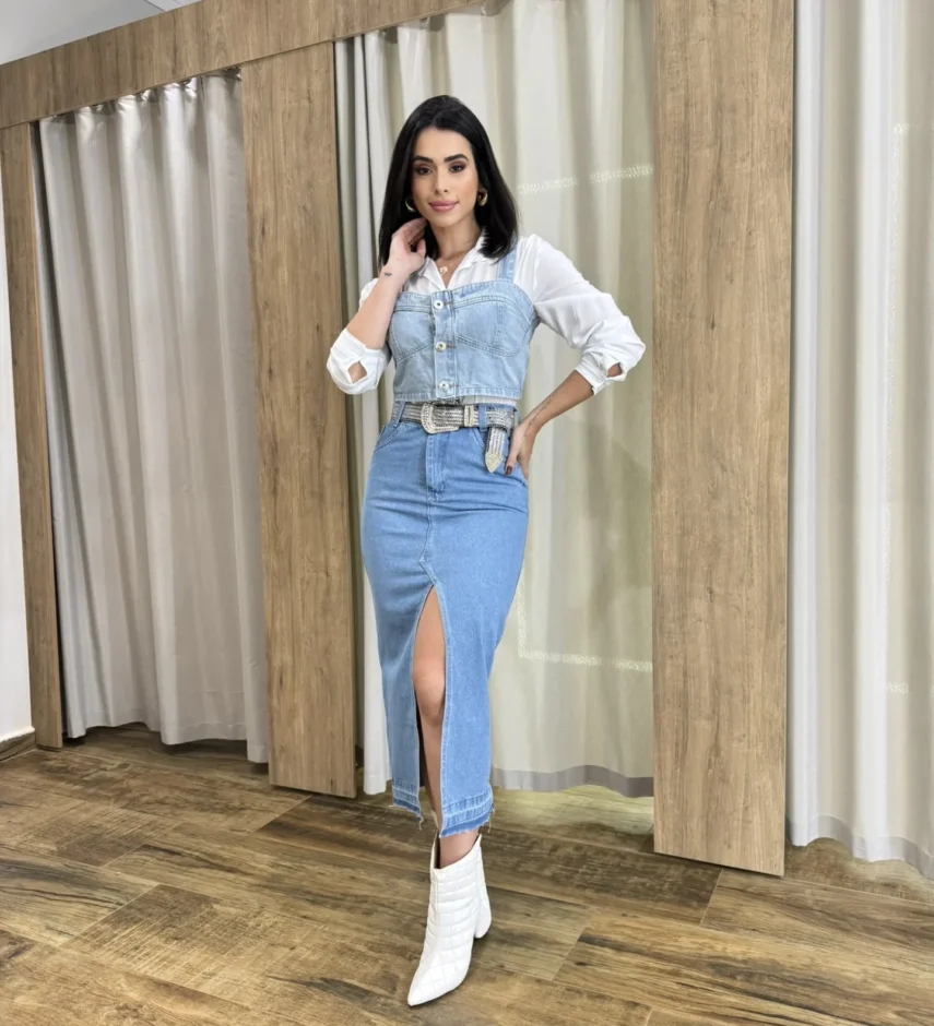 Saia Midi Feminina Jeans Melissa com Fenda Frontal - Fernanda Ramos Store