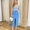 Saia Midi Feminina Jeans Melissa com Fenda Frontal - Fernanda Ramos Store