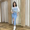 Saia Midi Feminina Jeans Melissa com Fenda Frontal - Fernanda Ramos Store