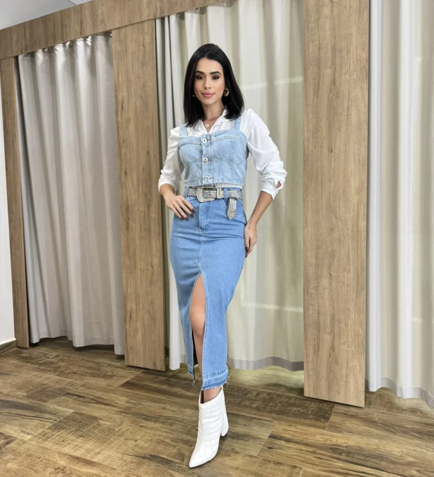 Saia Midi Feminina Jeans Melissa com Fenda Frontal - Fernanda Ramos Store