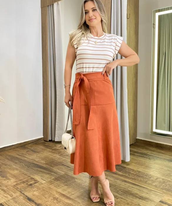 Saia Midi Laura Suede Terracota com Amarração - Fernanda Ramos Store