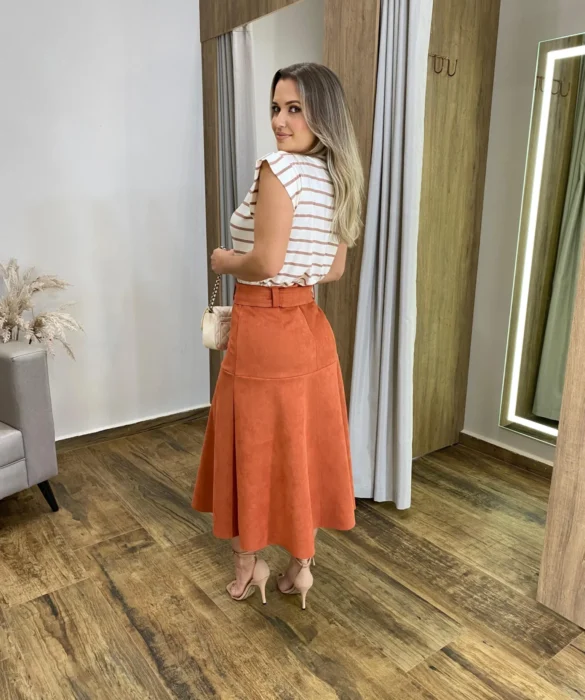 Saia Midi Laura Suede Terracota com Amarração - Fernanda Ramos Store