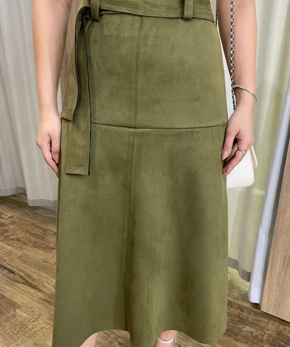 Saia Midi Laura Suede Verde Militar com Amarração - Fernanda Ramos Store