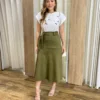 Saia Midi Laura Suede Verde Militar com Amarração - Fernanda Ramos Store