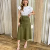 Saia Midi Laura Suede Verde Militar com Amarração - Fernanda Ramos Store