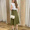 Saia Midi Laura Suede Verde Militar com Amarração - Fernanda Ramos Store