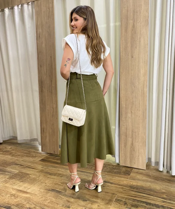 Saia Midi Laura Suede Verde Militar com Amarração - Fernanda Ramos Store