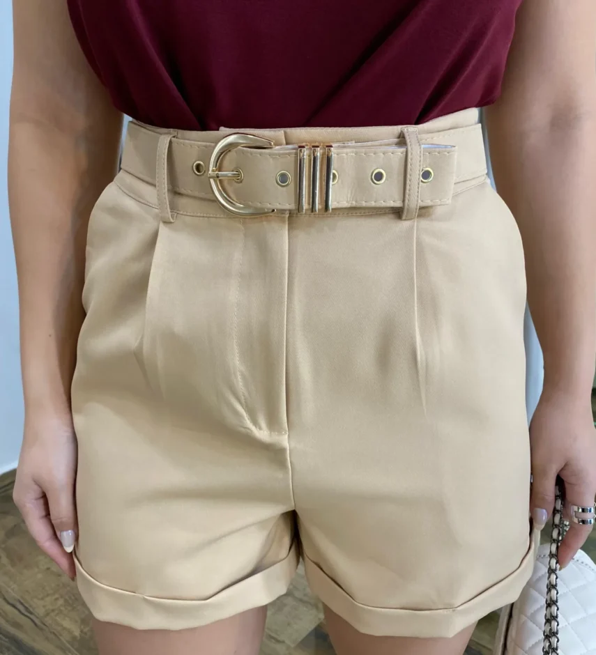 Short Feminino Social Alfaiataria Carol com Cinto Bege - Fernanda Ramos Store