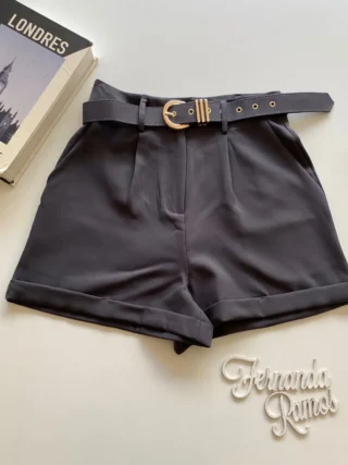 Short Feminino Social Alfaiataria Carol com Cinto Cinza - Fernanda Ramos Store