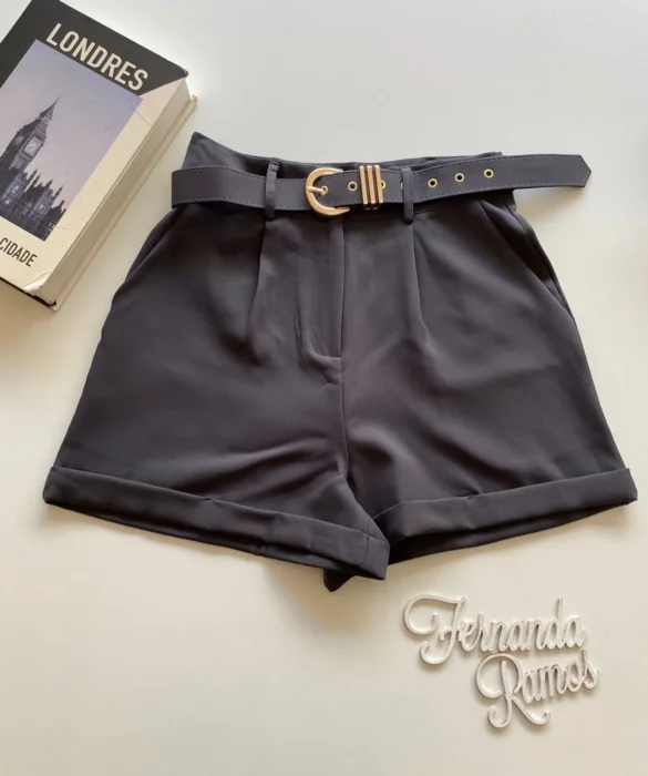 Short Feminino Social Alfaiataria Carol com Cinto Cinza - Fernanda Ramos Store