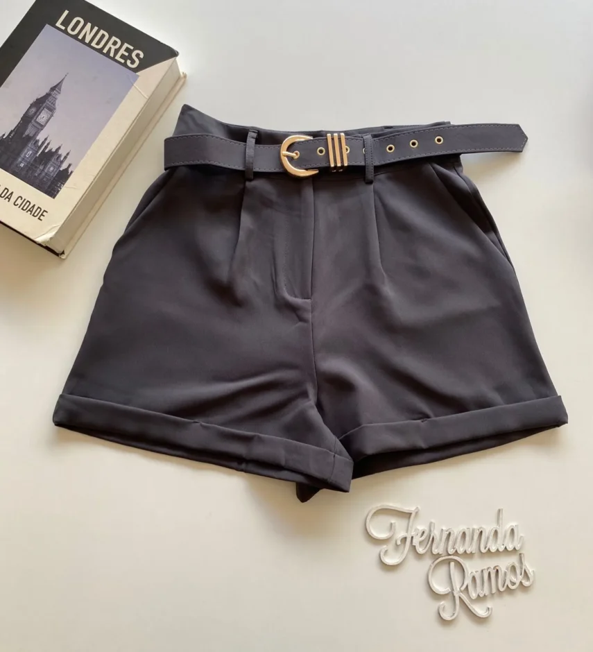 Short Feminino Social Alfaiataria Carol com Cinto Cinza - Fernanda Ramos Store