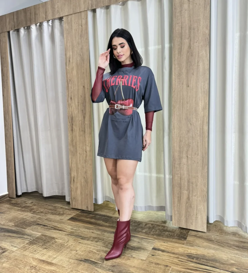 Vestido Camisetão Curto Cherries Cinza - Fernanda Ramos Store