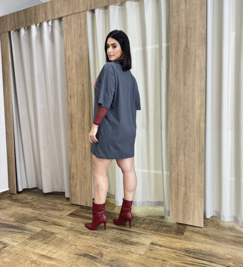 Vestido Camisetão Curto Cherries Cinza - Fernanda Ramos Store