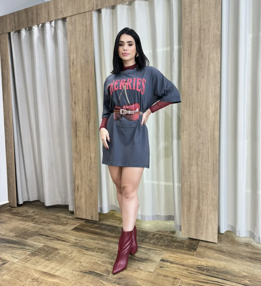 Vestido Camisetão Curto Cherries Cinza - Fernanda Ramos Store