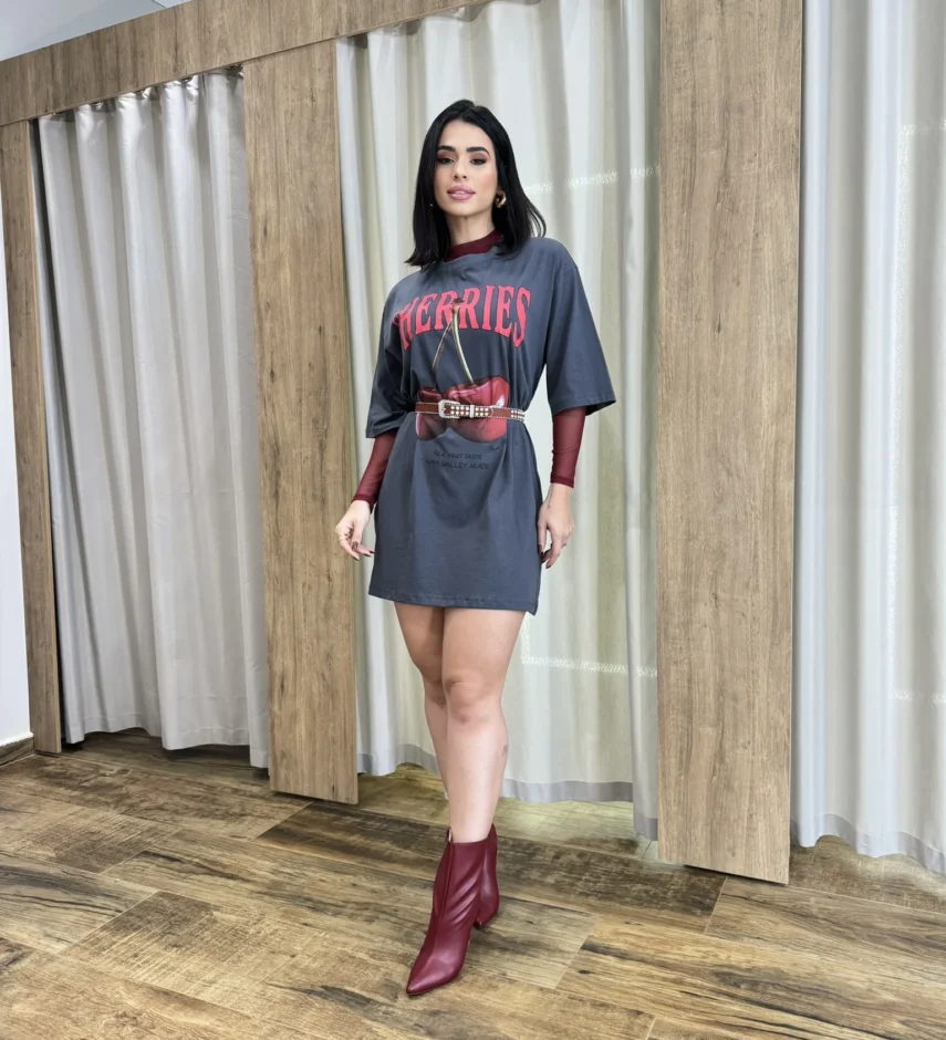 Vestido Camisetão Curto Cherries Cinza - Fernanda Ramos Store