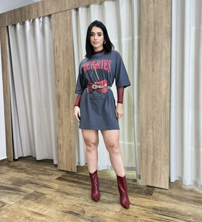Vestido Camisetão Curto Cherries Cinza - Fernanda Ramos Store