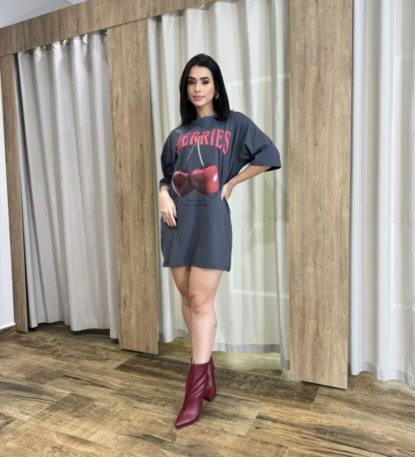 Vestido Camisetão Curto Cherries Cinza - Fernanda Ramos Store