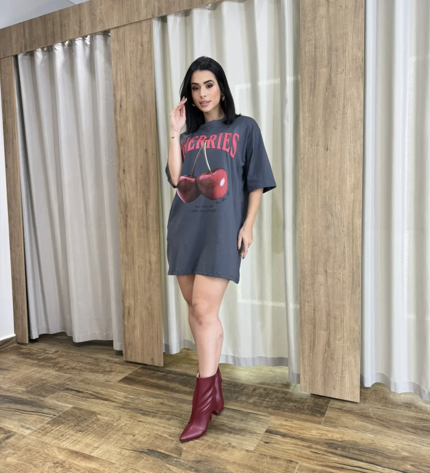 Vestido Camisetão Curto Cherries Cinza - Fernanda Ramos Store