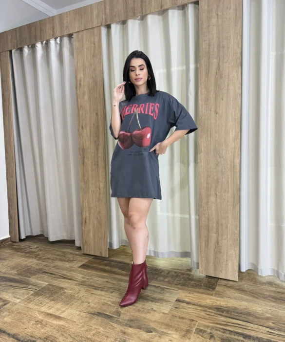 Vestido Camisetão Curto Cherries Cinza - Fernanda Ramos Store