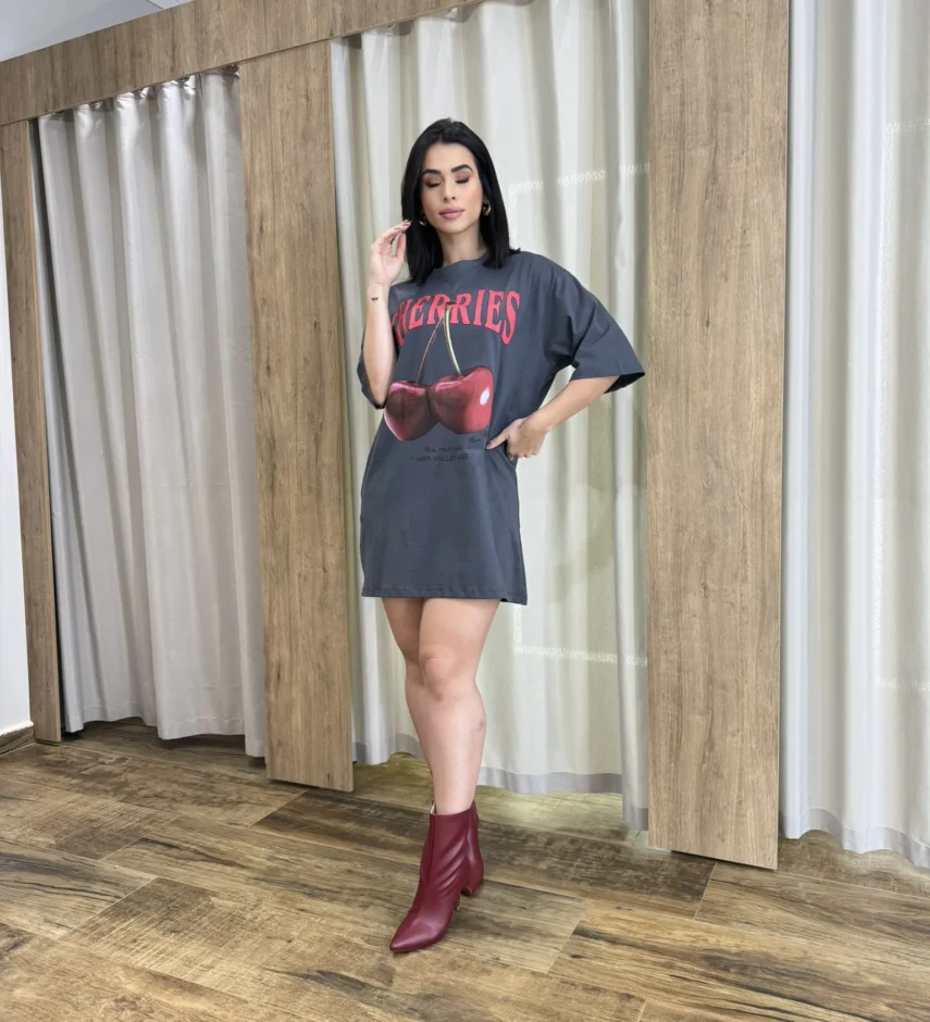 Vestido Camisetão Curto Cherries Cinza - Fernanda Ramos Store