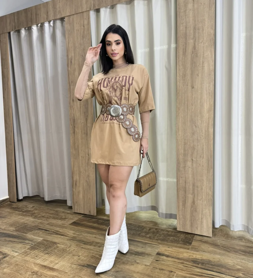 Vestido Camisetão Curto Say Howdy Bege - Fernanda Ramos Store
