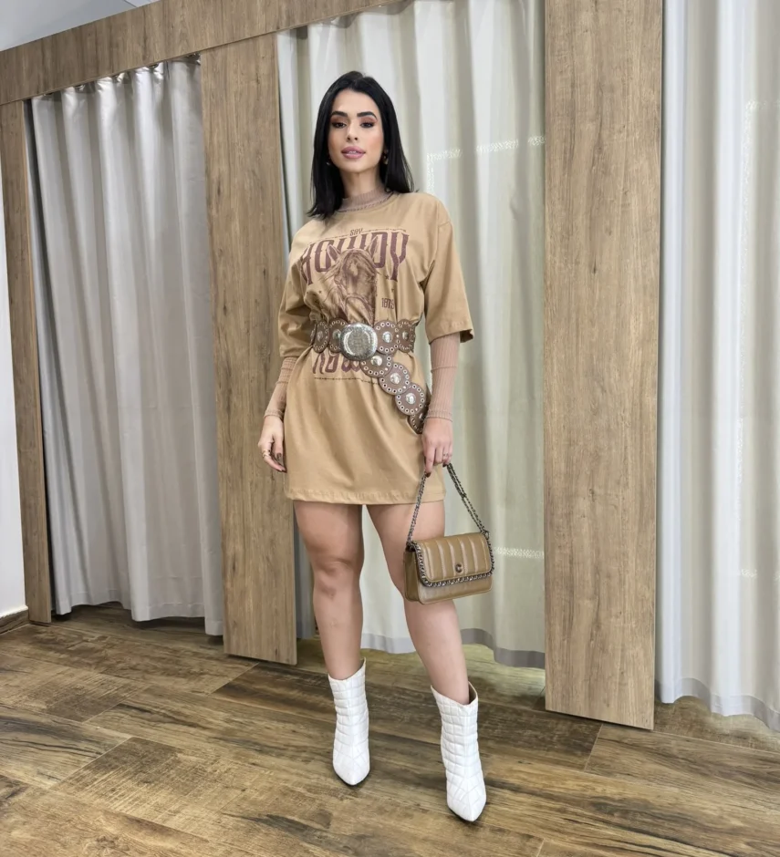 Vestido Camisetão Curto Say Howdy Bege - Fernanda Ramos Store