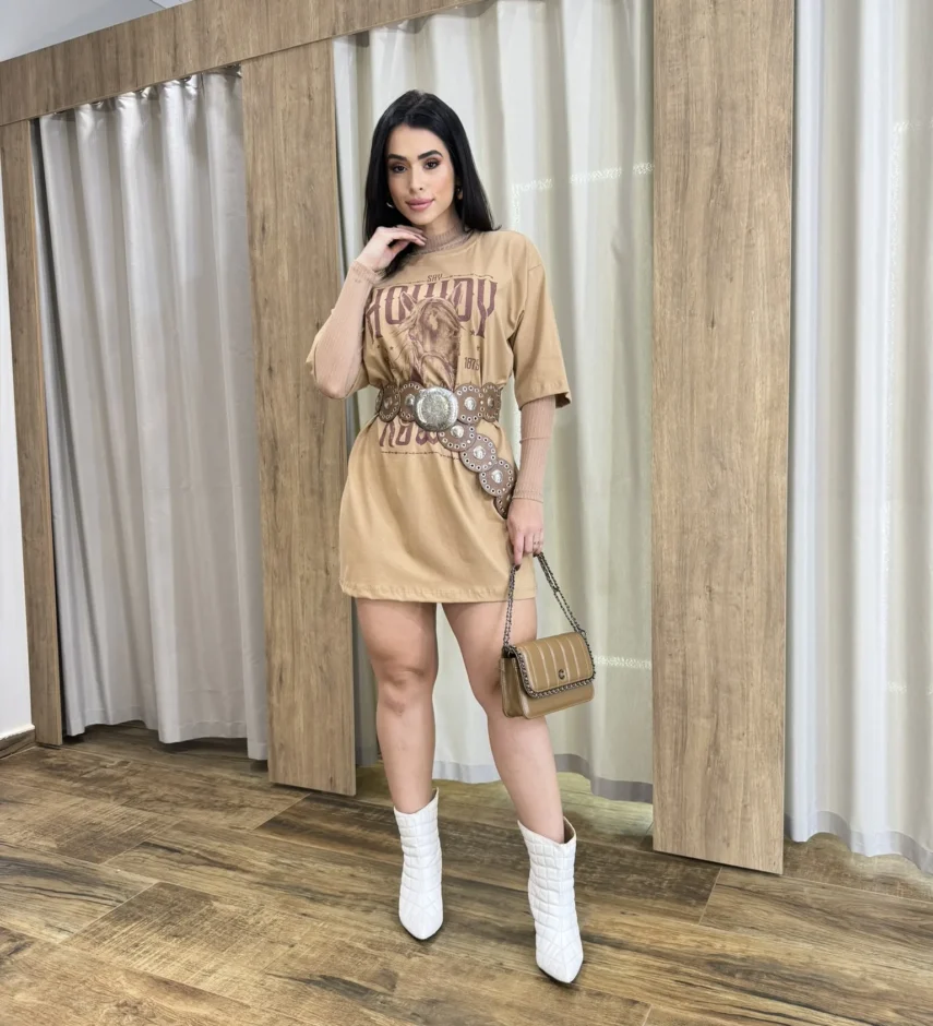 Vestido Camisetão Curto Say Howdy Bege - Fernanda Ramos Store