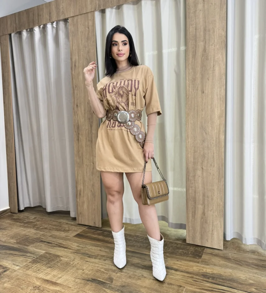 Vestido Camisetão Curto Say Howdy Bege - Fernanda Ramos Store