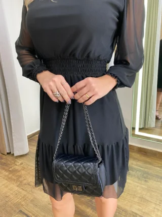 Vestido Curto Manga Longa sem Bojo de Tule Preto - Fernanda Ramos Store