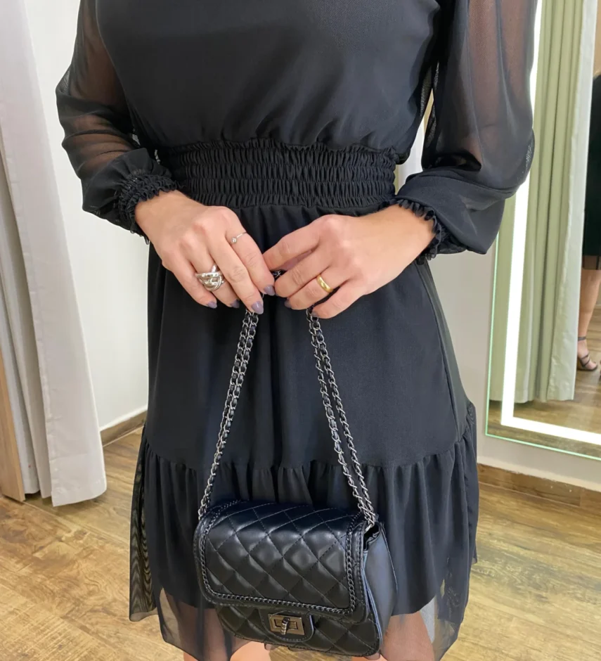 Vestido Curto Manga Longa sem Bojo de Tule Preto - Fernanda Ramos Store