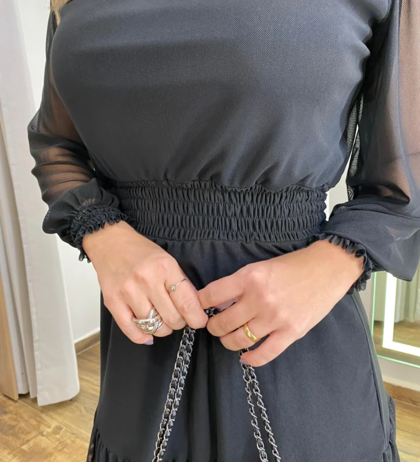 Vestido Curto Manga Longa sem Bojo de Tule Preto - Fernanda Ramos Store