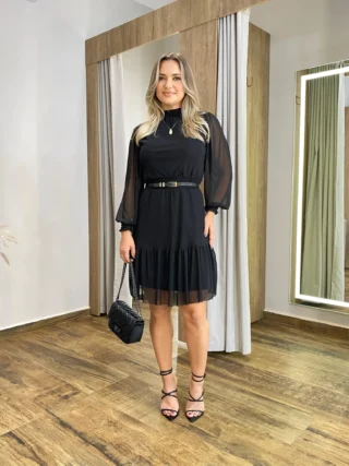 Vestido Curto Manga Longa sem Bojo de Tule Preto - Fernanda Ramos Store