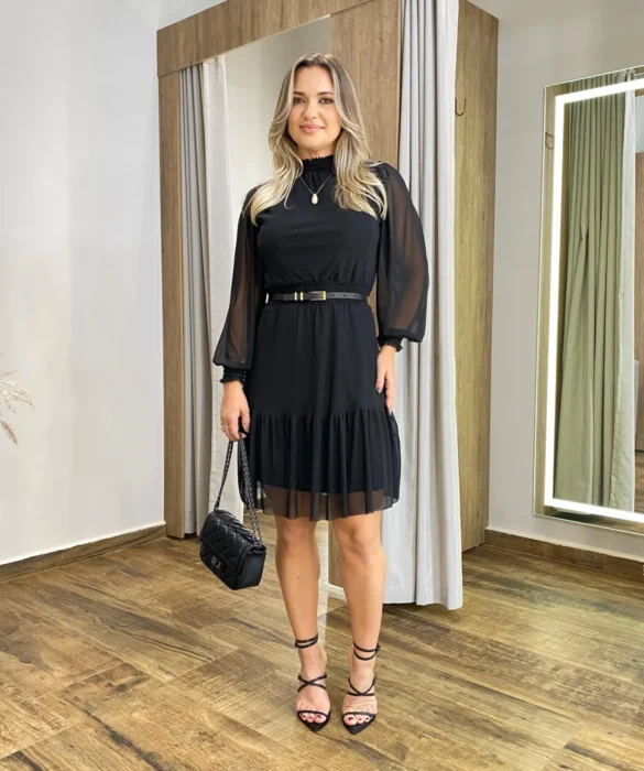 Vestido Curto Manga Longa sem Bojo de Tule Preto - Fernanda Ramos Store