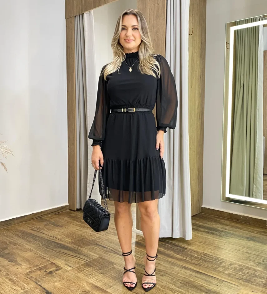 Vestido Curto Manga Longa sem Bojo de Tule Preto - Fernanda Ramos Store