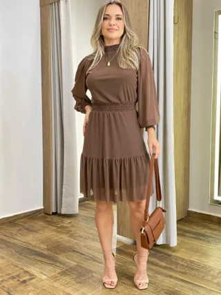 Vestido Curto Manga Longa sem Bojo Tule Marrom - Fernanda Ramos Store