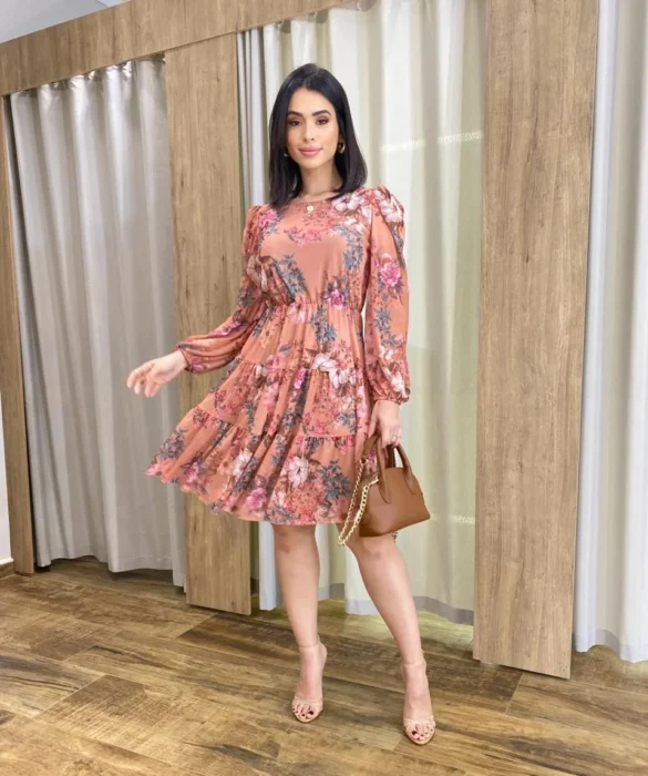 Vestido Curto Manga Longa Tule Estampado Rosé - Fernanda Ramos Store