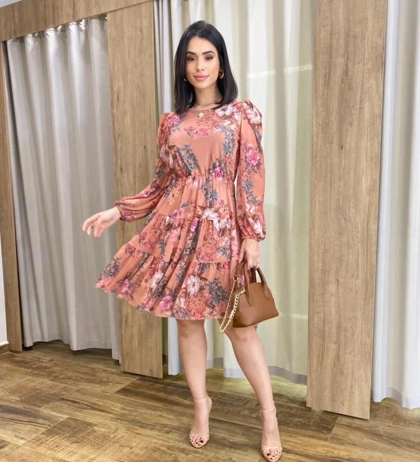 Vestido Curto Manga Longa Tule Estampado Rosé - Fernanda Ramos Store