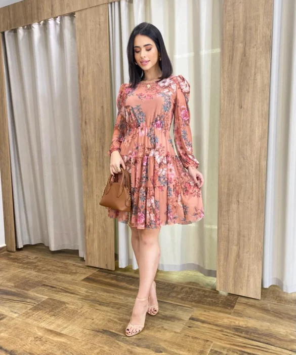 Vestido Curto Manga Longa Tule Estampado Rosé - Fernanda Ramos Store