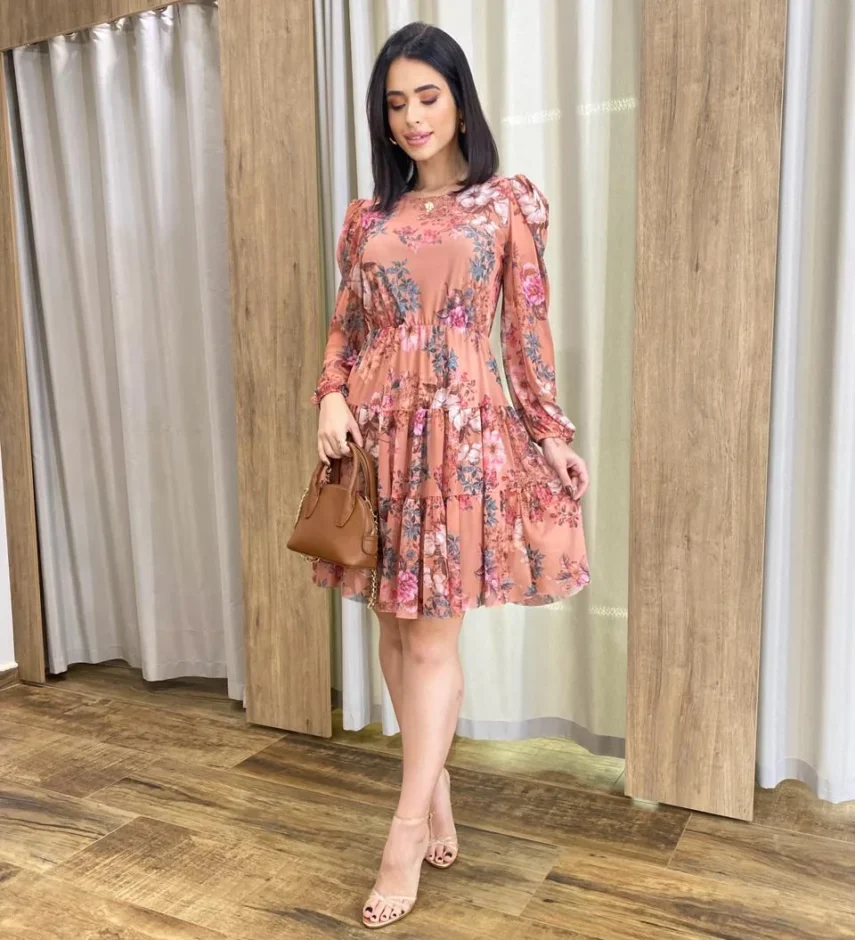 Vestido Curto Manga Longa Tule Estampado Rosé - Fernanda Ramos Store