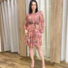 Vestido Curto Manga Longa Tule Estampado Rosé - Fernanda Ramos Store