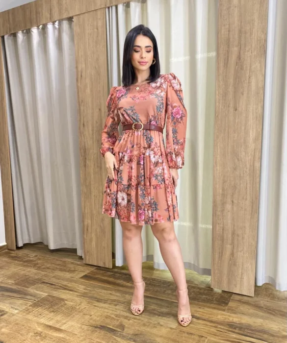 Vestido Curto Manga Longa Tule Estampado Rosé - Fernanda Ramos Store