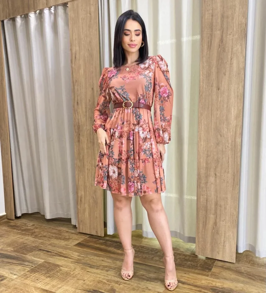 Vestido Curto Manga Longa Tule Estampado Rosé - Fernanda Ramos Store