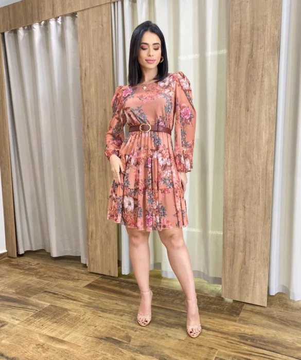 Vestido Curto Manga Longa Tule Estampado Rosé - Fernanda Ramos Store