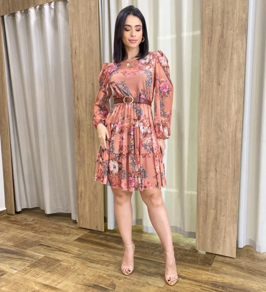 Vestido Curto Manga Longa Tule Estampado Rosé - Fernanda Ramos Store